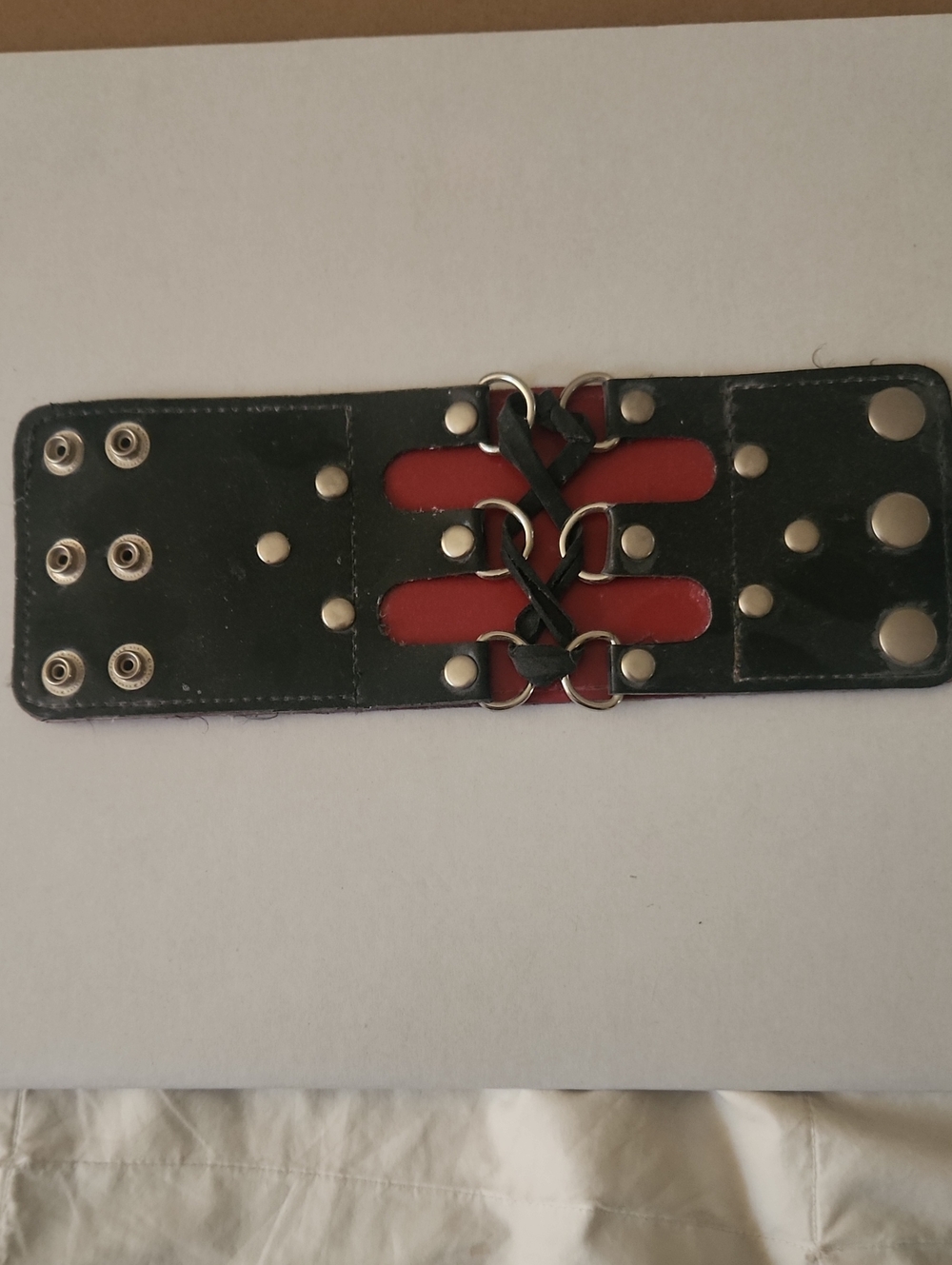 Black and Red Leather Lace-Up Snap Cuff Bracelet - Unbranded